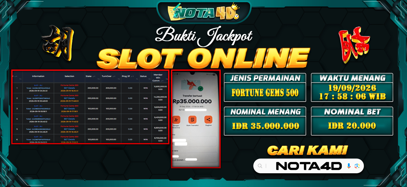 Bukti Kemenangan Besar Dibayar lunas Member NOTA4D RP 35.000.000, 19 September 2026