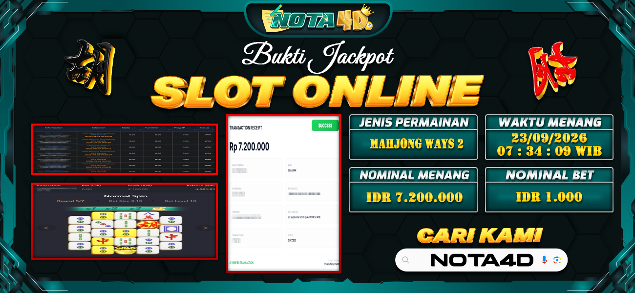 Bukti Kemenangan Besar Dibayar lunas Member NOTA4D RP 7.200.000, 23 September 2026