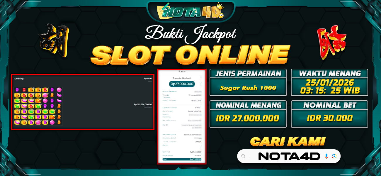 Bukti Kemenangan Besar Dibayar lunas Member NOTA4D RP 27.000.000, 25 Januari 2026