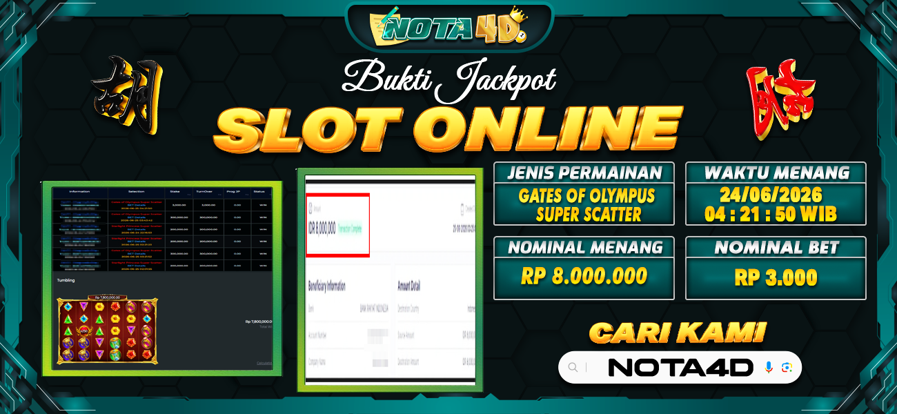 Bukti Kemenangan Besar Dibayar lunas Member NOTA4D RP 8.000.000, 25 Juni 2026