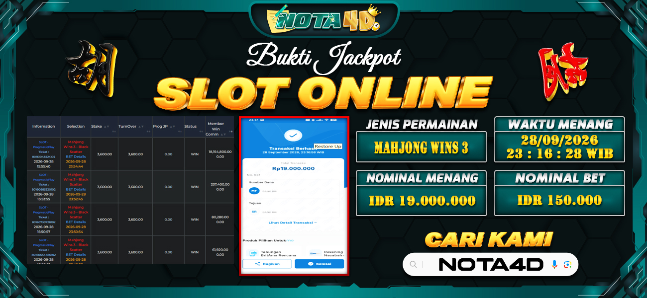 Bukti Kemenangan Besar Dibayar lunas Member NOTA4D RP 19.000.000, 28 September 2026
