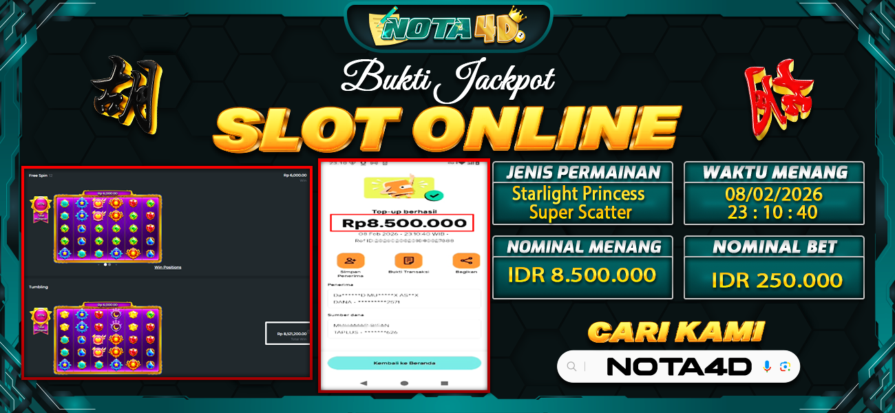Bukti Kemenangan Besar Dibayar lunas Member NOTA4D RP 8.500.000, 8 Februari 2026